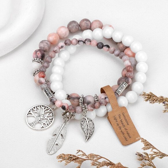 3PCS Charm-Pink Zebra Jasper Natural Stone Beaded Stretch Bracelet for Gifts - Picture 6 of 7